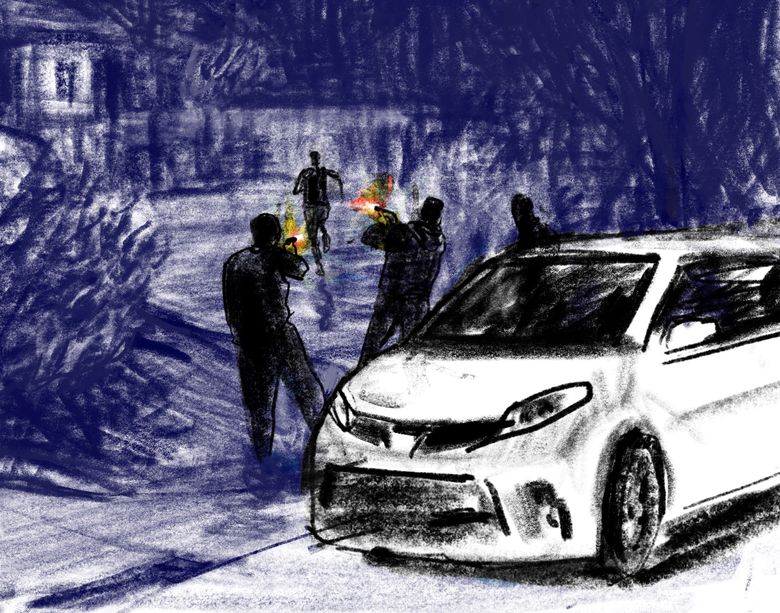 An artist’s rendition based on sheriff’s documents and inquest testimony shows detectives firing at a fleeing Mi’Chance Dunlap-Gittens during a misguided and fatal sting operation in Des Moines.  
(Illustration by Gabriel Campanario)
