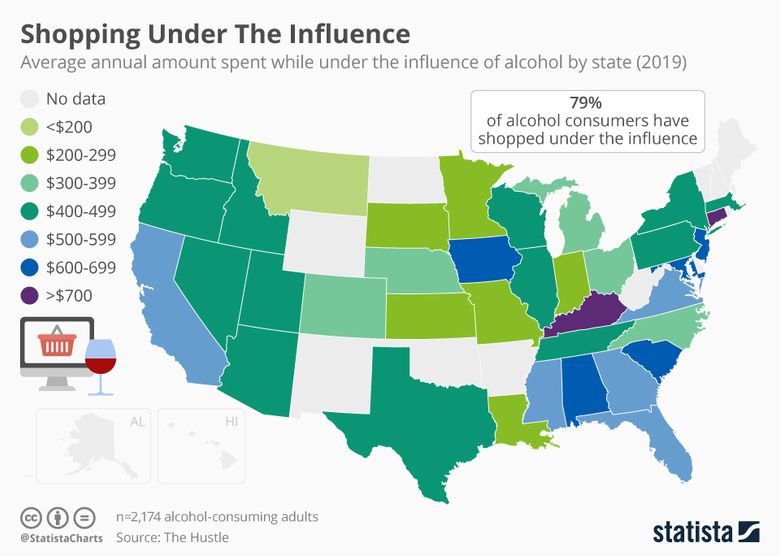 This chart shows the average annual amount people in each state spent while under the influence of alcohol in 2018. (Statista)