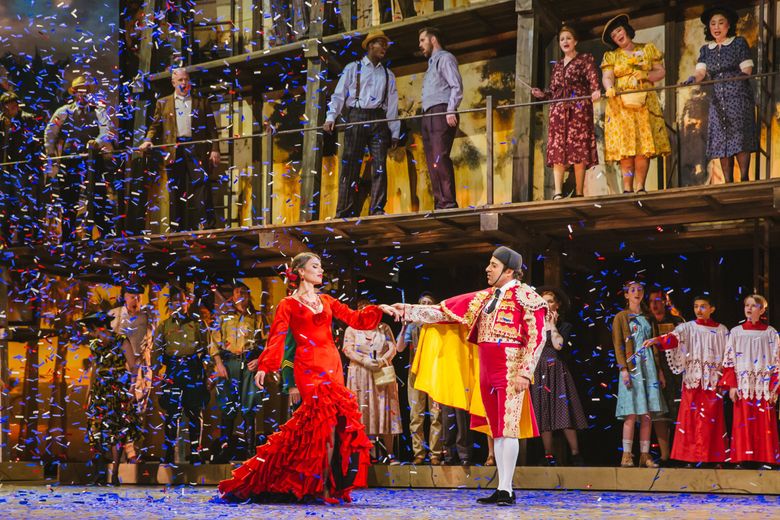 Ginger Costa-Jackson (Carmen) and Rodion Pogossov (Escamillo) in Seattle Opera&#8217;s &#8220;Carmen.&#8221; (Sunny Martini)