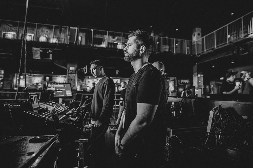 ODESZA’s Harrison Mills, foreground, and Clay Knight rehearse for their Double Major concert with Death Cab for Cutie. (Julian Bajsel)