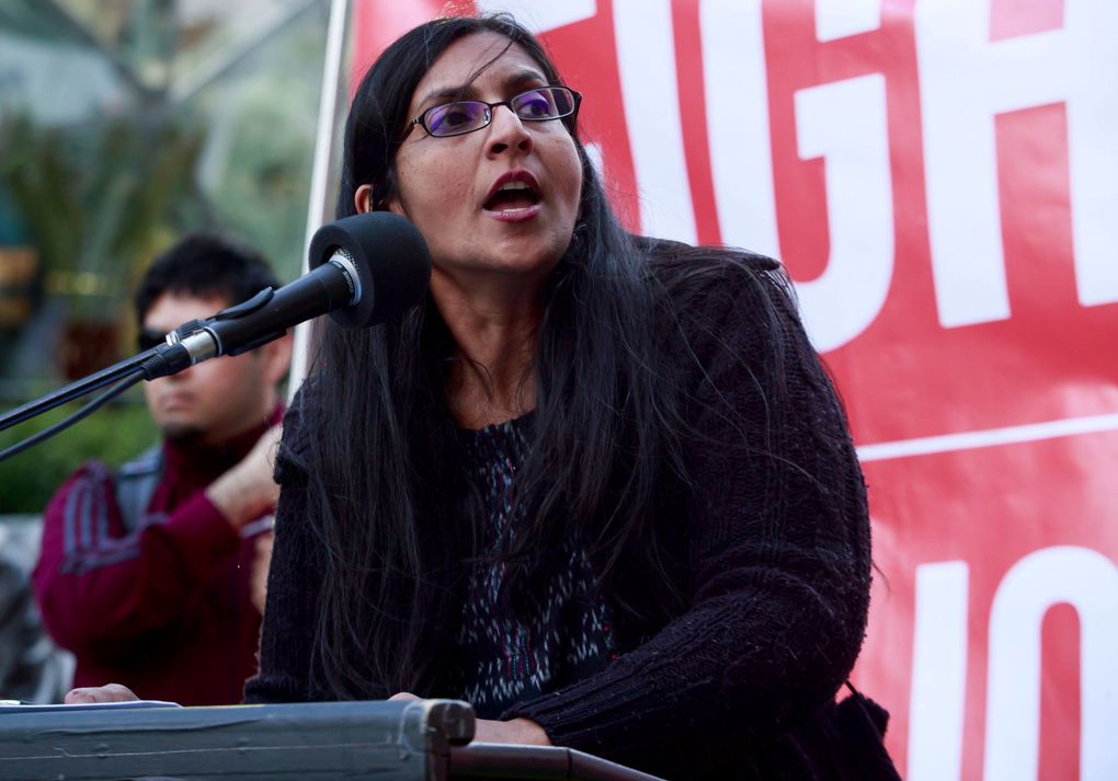 Seattle City Councilmember Kshama Sawant addresses an April 2018 rally promoting a head tax on large companies to raise money for affordable housing and homeless services. Business interests see Sawant as politically vulnerable this election cycle. (Erika Schultz / The Seattle Times)