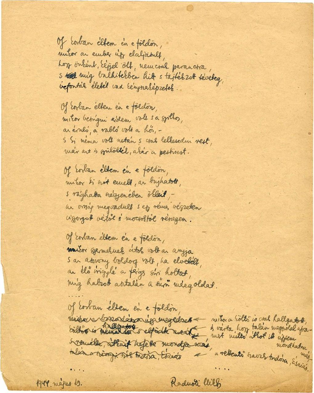 A fragment of a poem by Miklós Radnóti, dated May 19, 1944. (Courtesy of Music of Remembrance via Library of the Hungarian Academy of Sciences)
