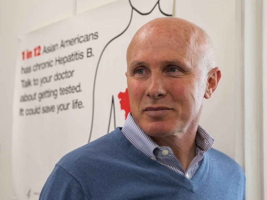 Hepatitis Education Project’s (HEP) executive director, Michael Ninburg, talks about hepatitis in HEP’s offices. Baby boomers and intravenous drug users are in part behind the increase of hepatitis C cases in King County. (Ellen M. Banner / The Seattle Times)