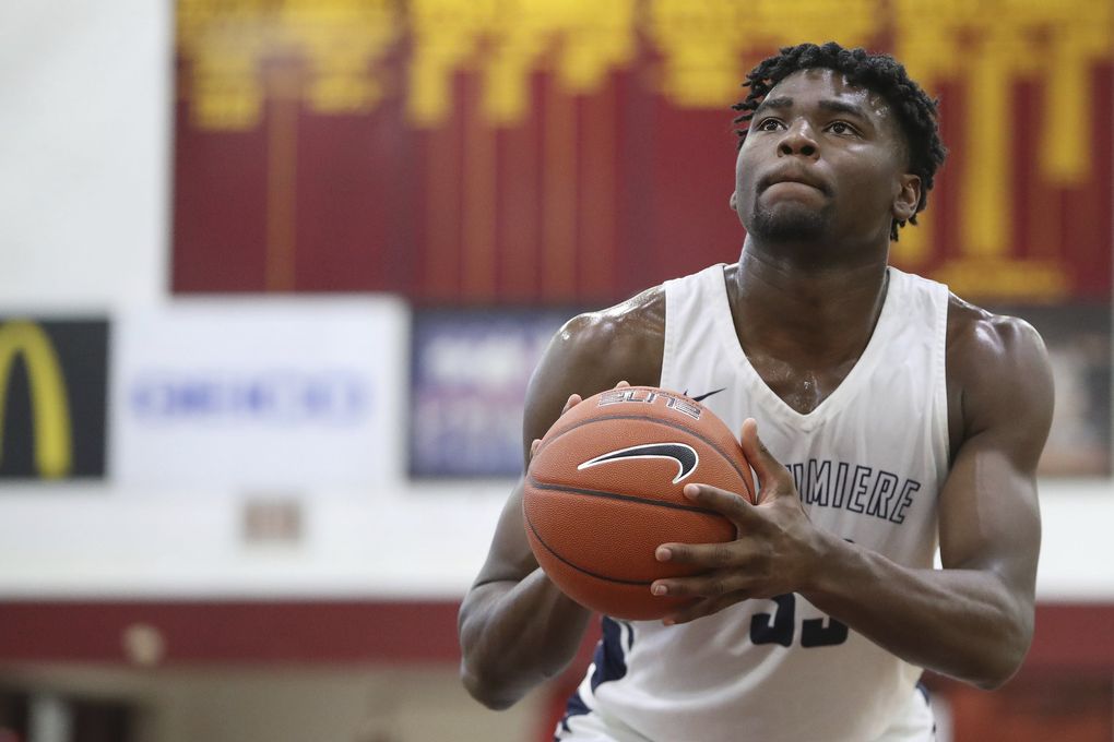 La Lumiere’s Isaiah Stewart shoots a free throw against IMG Academy in the Boys Final game at the Geico High School Basketball Nationals in the Queens borough of New York on Saturday, April 6, 2019. (Gregory Payan / AP)