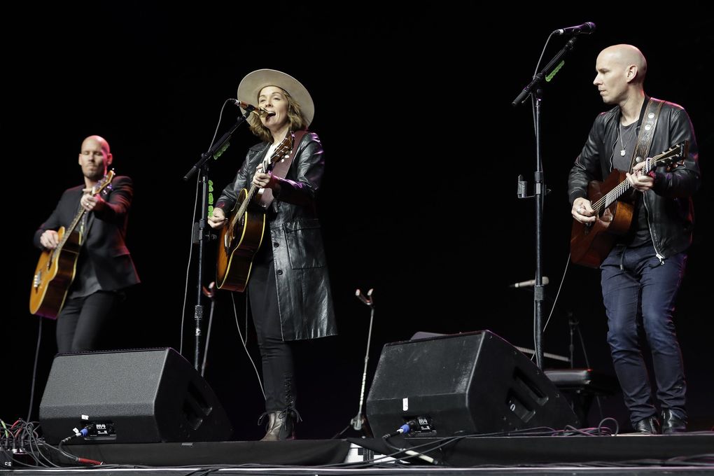 Brandi Carlile and the Hanseroth twins perform during Starbucks’ annual shareholders meeting this year. (Ted S. Warren / The Associated Press)