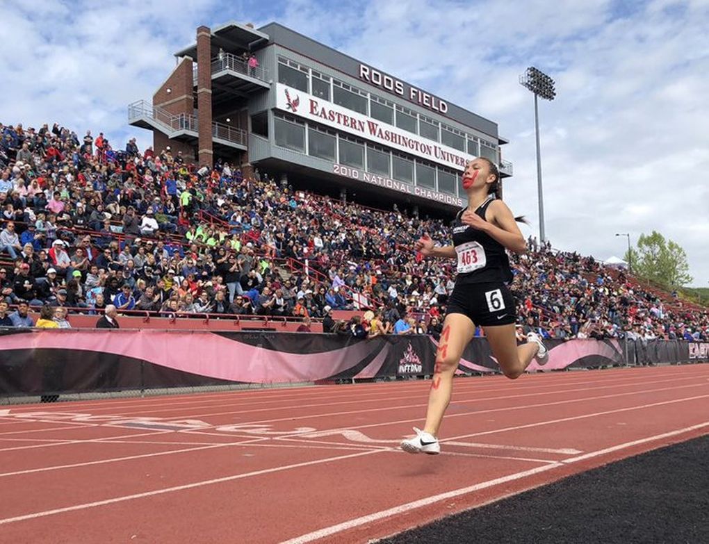 Muckleshoot Tribal School’s Rosalie Fish wins the 800 at the Class 1B state track and field meet in Cheney on May 25. (Courtesy of WIAA)