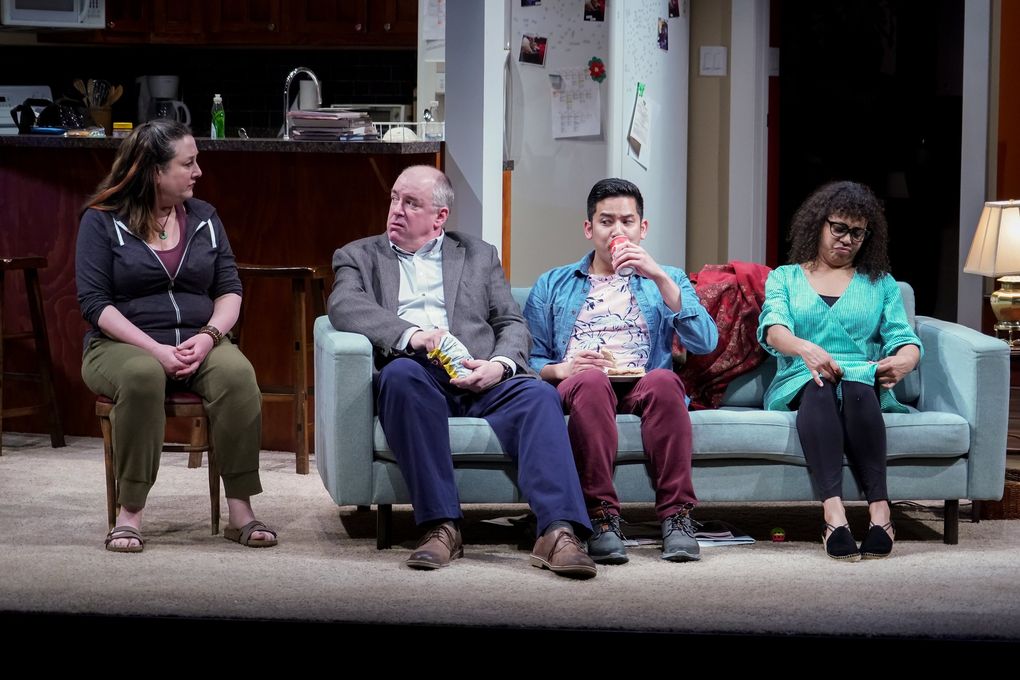 Julie Briskman (Sugar), Charles Leggett (Letter Writer 1), Justin Huertas (Letter Writer 3), and Chantal DeGroat (Letter Writer 2) in Seattle Rep’s production of “Tiny Beautiful Things.” (Alan Alabastro)