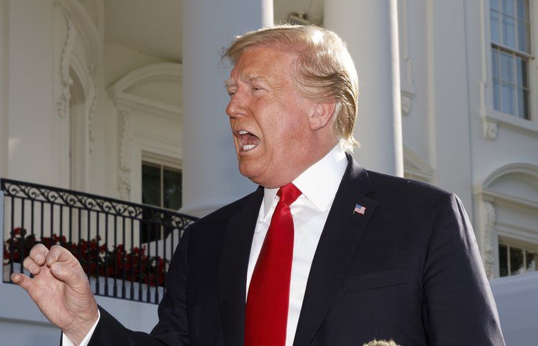 President Donald Trump takes questions from reporters before boarding Marine One at the White House, in Washington, May 30, 2019. Trump on Thursday acknowledged for the first time that Russia helped “me to get elected,” and then quickly retracted the idea. “No, Russia did not help me get elected,” Trump told reporters as he departed for Colorado Springs. “I got me elected.” He spoke less than an hour after his Twitter post. (Tom Brenner/The New York Times) XNYT3 XNYT3
