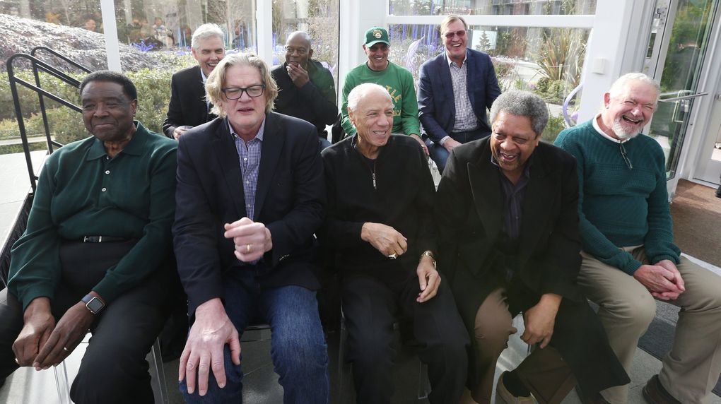 Members of the 1978-79 Seattle Sonics reunite at a news conference, Thursday, Feb. 7, 2019 in Seattle, 40 years after winning the NBA Championship. Front row from left: Paul Silas, Tom LaGarde, coach Lenny Wilkens, Fred Brown and Dennis Awtrey. Back row from left: Wally Walker, Gus Williams, Dick Snyder and Jack Sikma.(Ken Lambert / The Seattle Times)