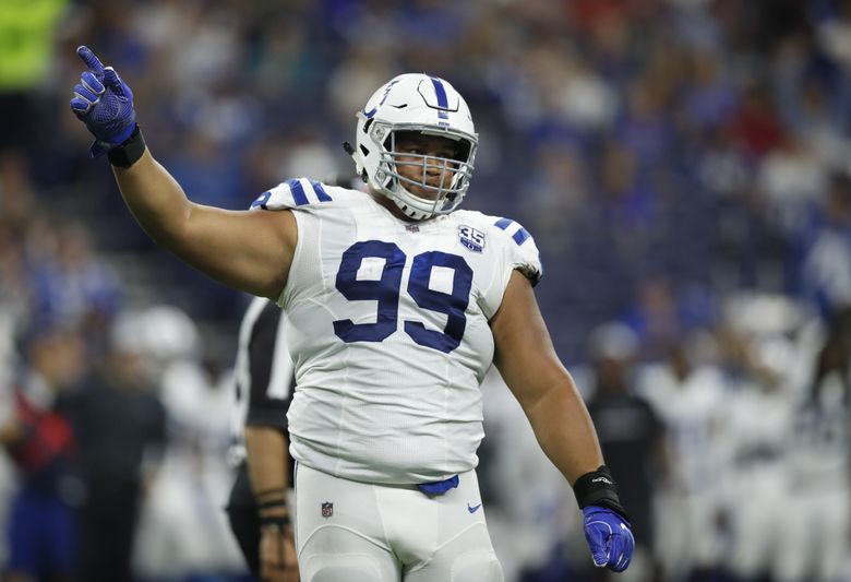 Seattle Seahawks defensive tackle Al Woods (99) rushes in against the  Indianapolis Colts during an NFL football game in Indianapolis, Sunday,  Sept. 12, 2021. (Jeff Haynes/AP Images for Panini Stock Photo - Alamy