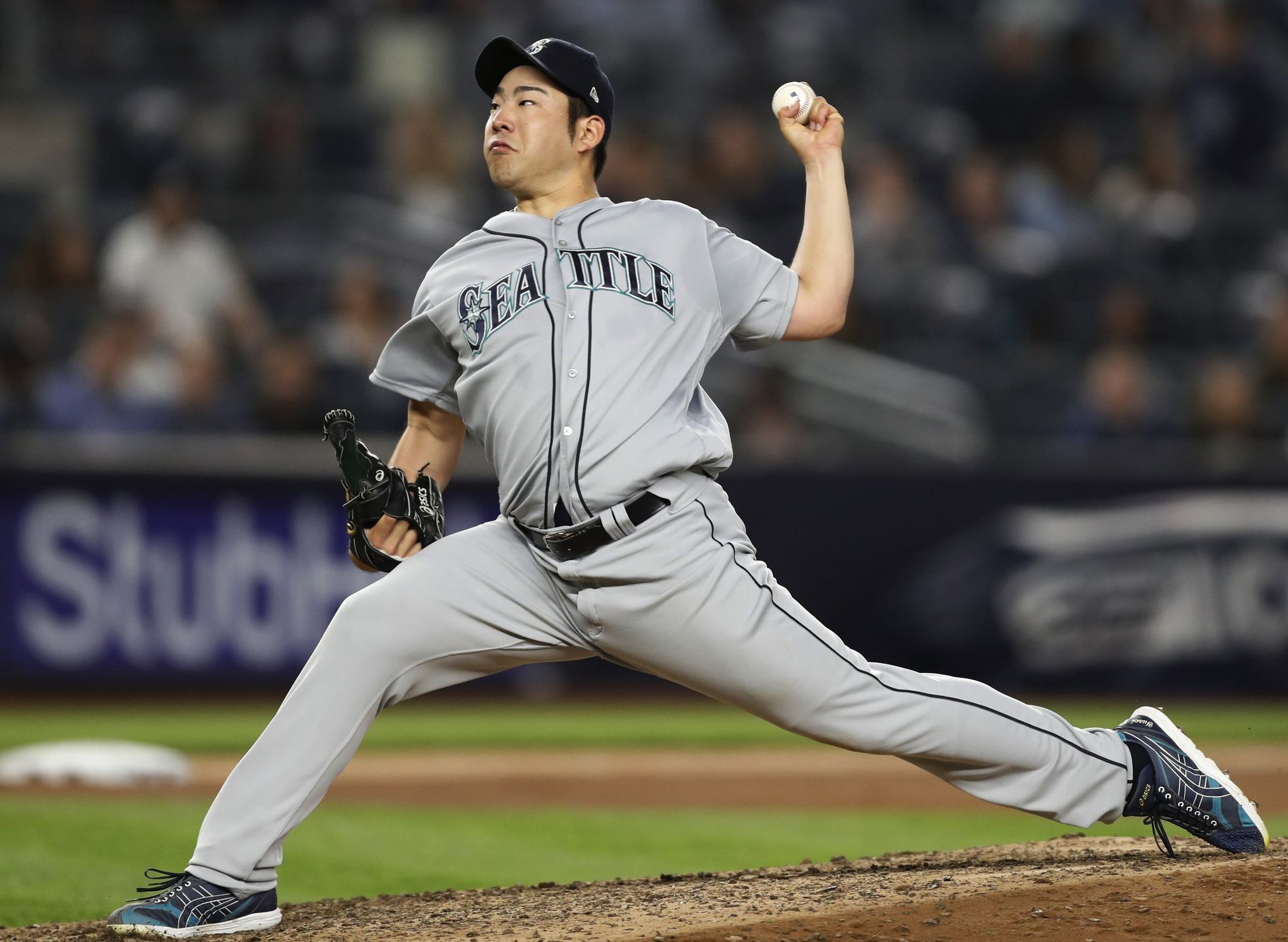 Yusei Kikuchi of the Seattle Mariners reacts after a strikeout