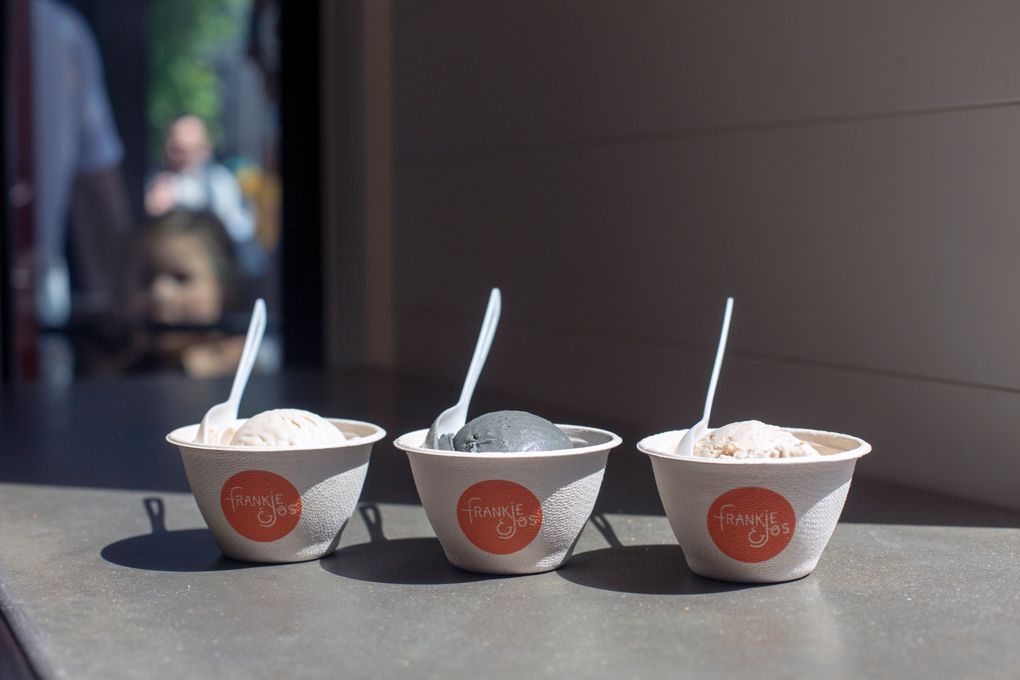 Frankie & Jo’s serves vegan ice cream in flavors including, from left to right, brown sugar vanilla, salty caramel ash and Mexico morning. (Corinne Chin / The Seattle Times)