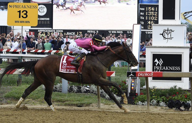 War of Will, ridden by Tyler Gaffalione, crosses the finish line first to win the Preakness Stakes horse race at Pimlico Race Course, Saturday, May 18, 2019, in Baltimore. (AP Photo/Mike Stewart) MDMS129 MDMS129