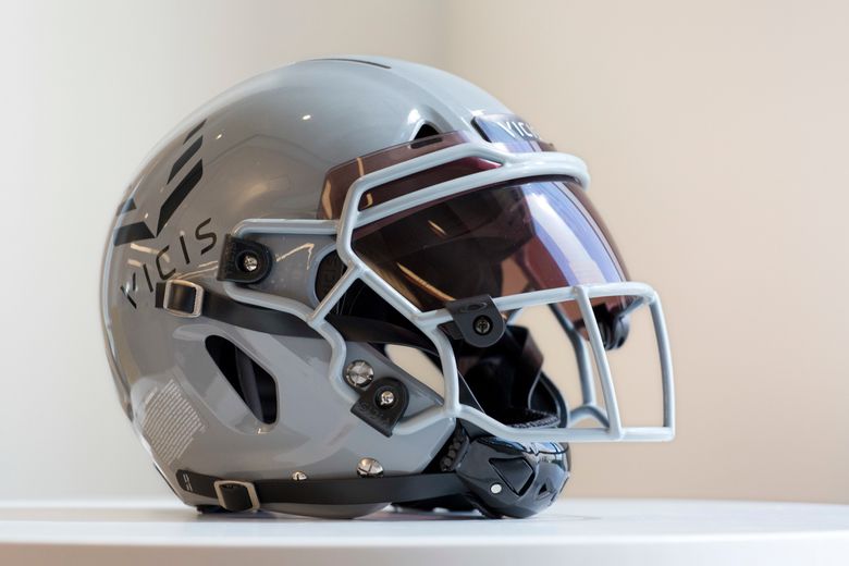 FILE – In this Sept. 11, 2017, file photo, a VICIS Zero1 helmet is displayed in New York. In an annual study, designed by NFL- and NFLPA-appointed biomechanical engineers, rotational velocity and acceleration are measured to evaluate helmets to determine which helmets best reduced head impact severity. The VICIS Zero1 was top rated. (AP Photo/Mark Lennihan, File)