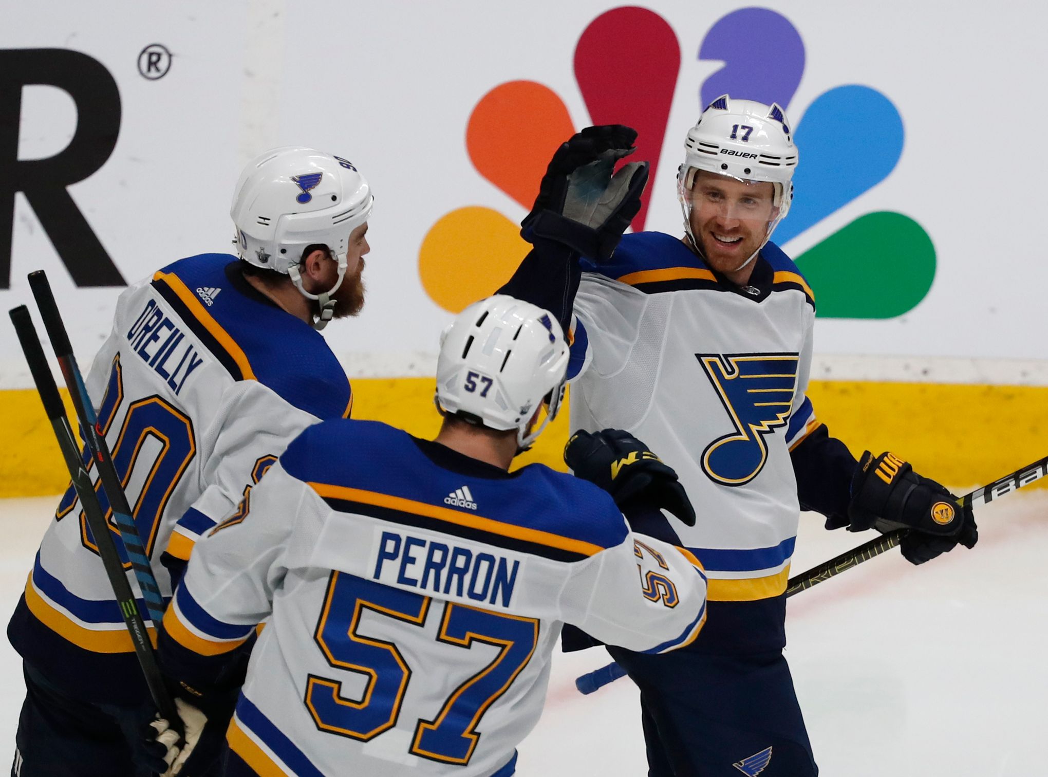St. Louis Blues' Vladimir Tarasenko, left, of Russia, celebrates his goal  against the Boston Bruins with Jaden Schwartz during the second period in  Game 1 of the NHL hockey Stanley Cup Final