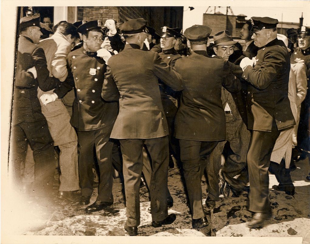 In one of the Weegee images found by David Young, the caption reads: “Cops battle strikers in picket line skirmish. Long Island Press bldg. 92-24 168th St., Jamaica, Queens, N.Y., April 24, 1937.” (Copyright Weegee / International Center of Photography)