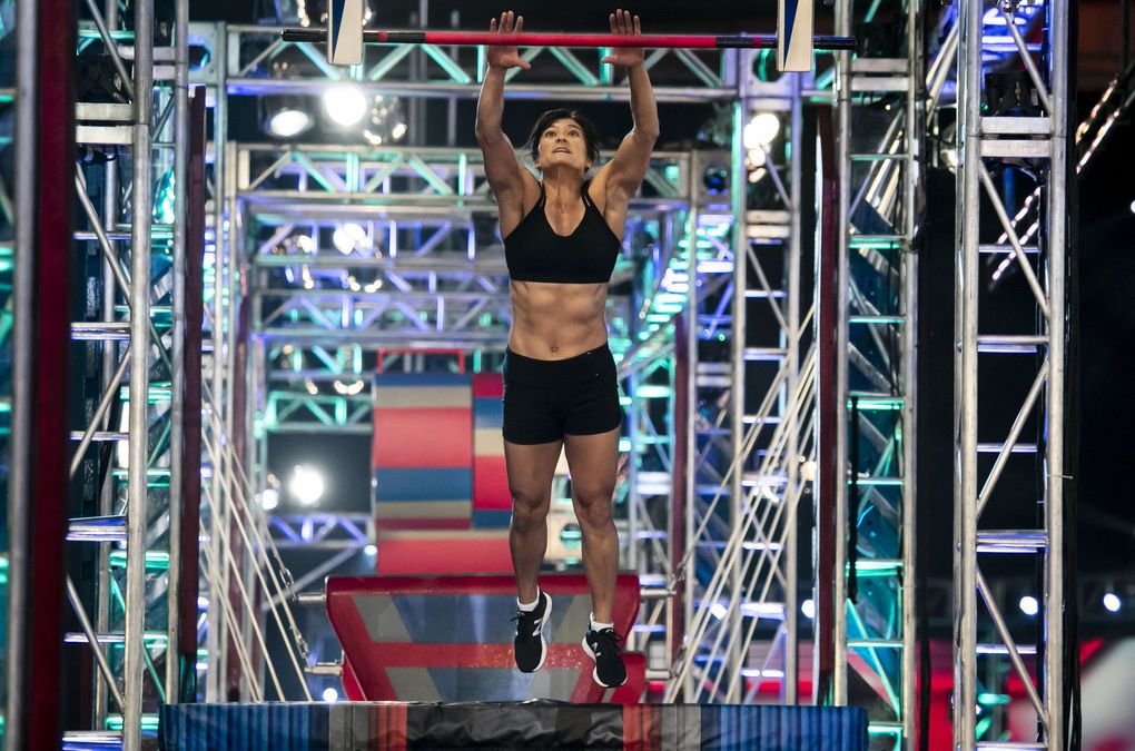 Sandy Zimmerman, who won a national judo title as a kid, competes in “American Ninja Warrior” at the Tacoma Dome. (Erika Schultz / The Seattle Times)
