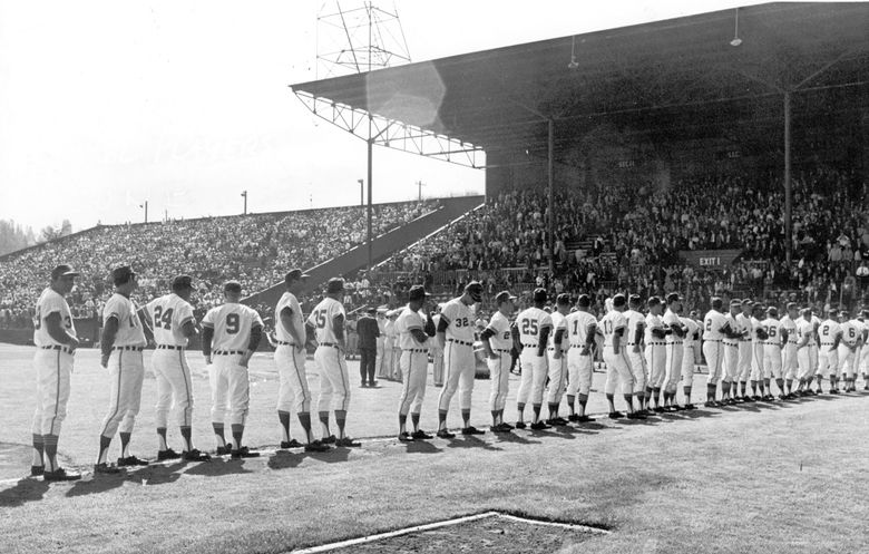 The Seattle Pilots take the field on April 11, 1969, for their first season  at Sicks’ Stadium. (Barry Sweet / Associated Press)