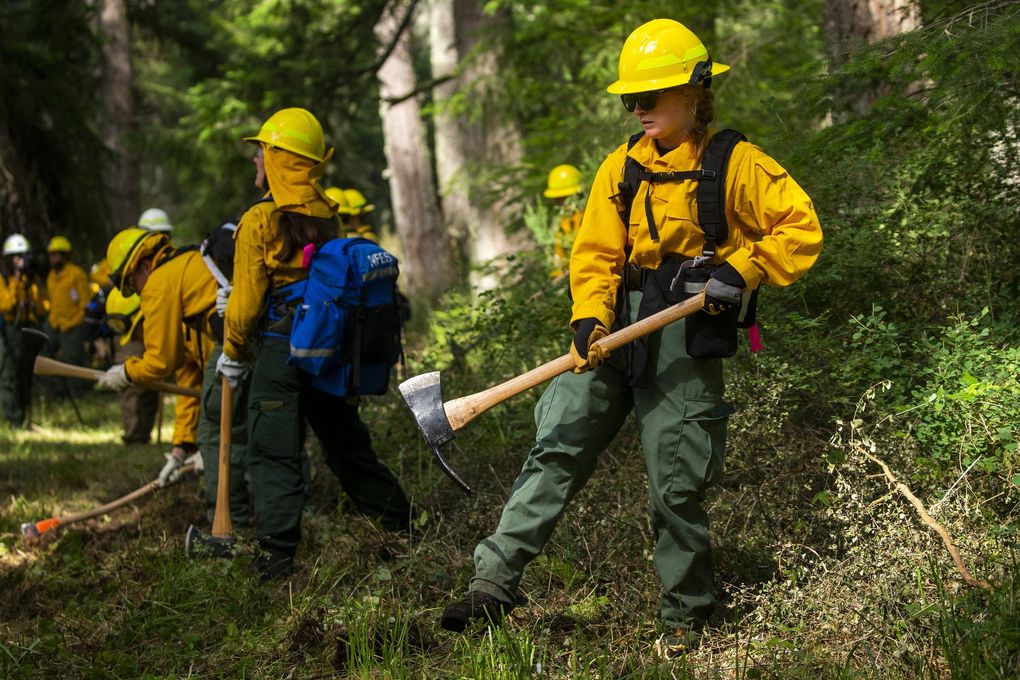 Brianna Stoutenburgh, a volunteer firefighter with the Greenwater Fire Department, learns how to build a fire line for wildland fires at the Western Washington Interagency Wildfire Training Academy in Rainier, Thurston County, last month. Hilary Franz, state public lands commissioner, wants to bump up the number of firefighter-training academies it runs each year to five and hire a permanent group of instructors. (Bettina Hansen / The Seattle Times)
