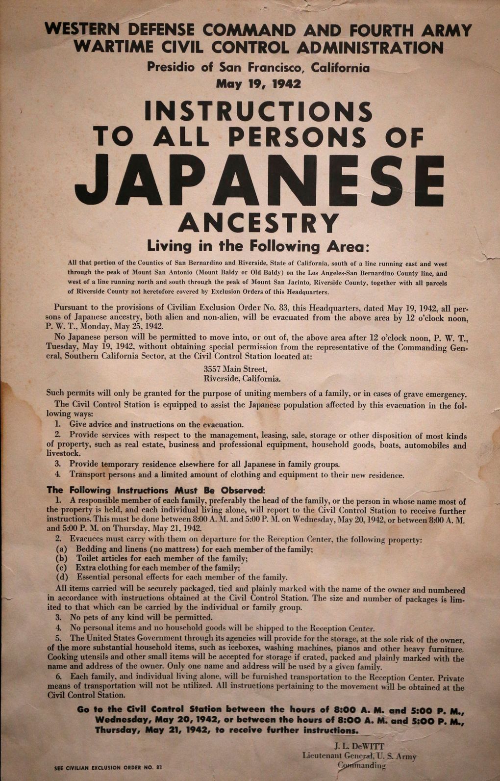 A posting restricting the movement of, and instructing people of Japanese origin to prepare to be moved to internment camps, is part of an exhibit at the National World War II Museum, in New Orleans. (Gerald Herbert / AP, File)