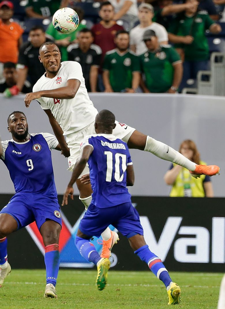 Houston, TX, USA. 29th June, 2019. Canada forward Lucas Cavallini (19)  celebrates his goal during the 1st half of a CONCACAF Gold Cup  quarterfinals soccer match between Haiti and Canada at NRG