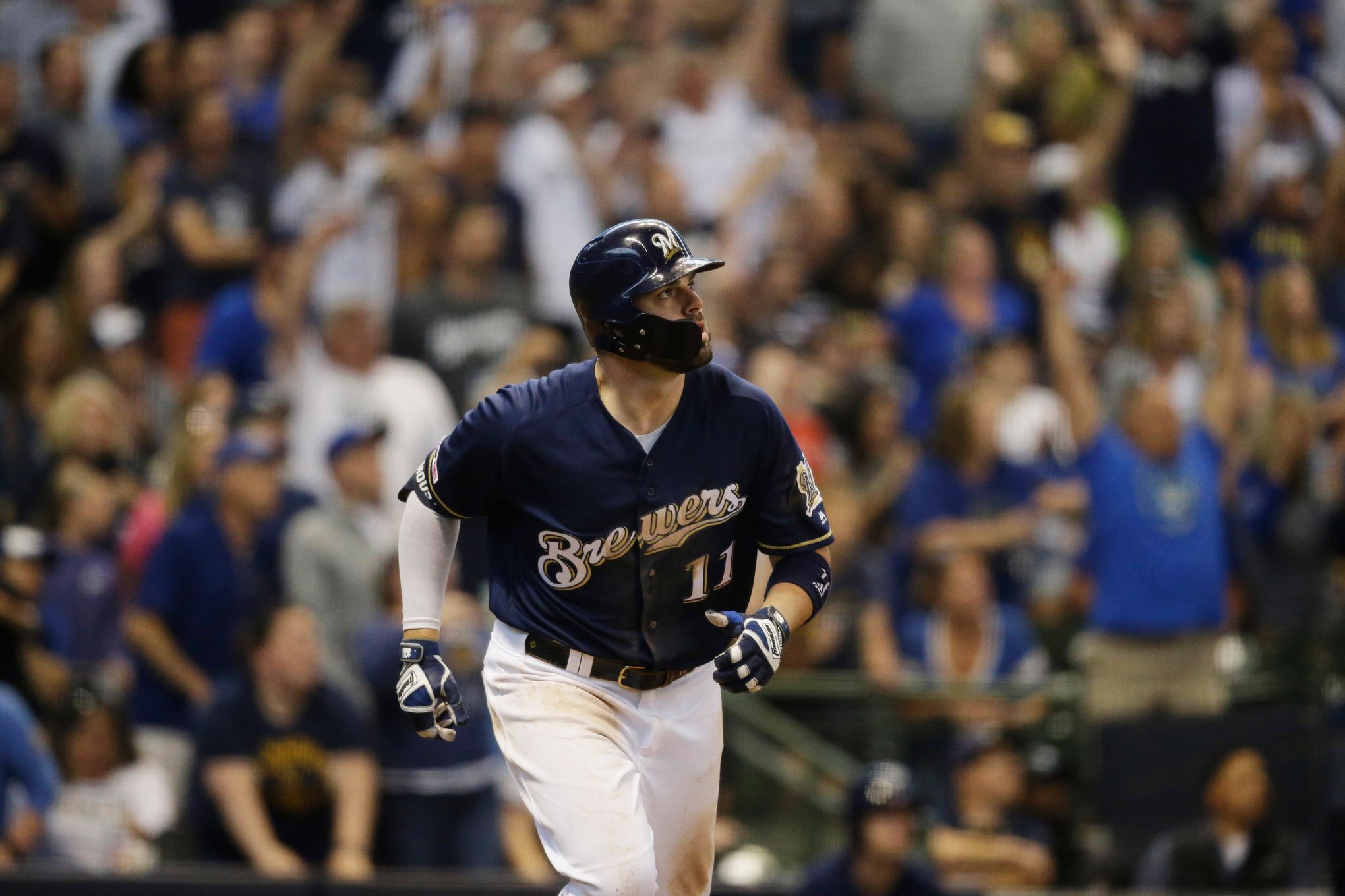 ST. LOUIS, MO - AUGUST 12: Milwaukee Brewers second baseman Kolten Wong  (16) singles in the ninth inning during a MLB game between the Milwaukee  Brewers and the St. Louis Cardinals on