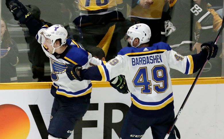 Ivan Barbashev of the St. Louis Blues celebrates after scoring a