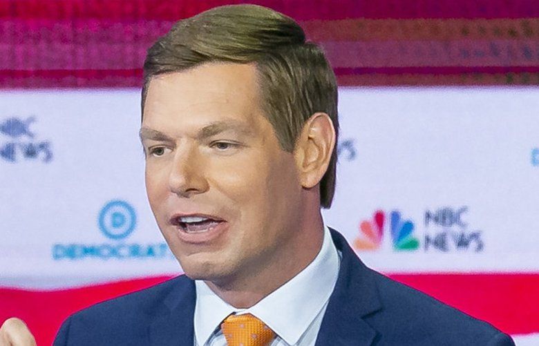 Democratic presidential candidate Rep. Eric Swalwell (D-Calif.) speaks during the second night of the first Democratic presidential debate on Thursday, June 27, 2019, at the Arsht Center for the Performing Arts in Miami. (Al Diaz/Miami Herald/TNS) 1356165 1356165