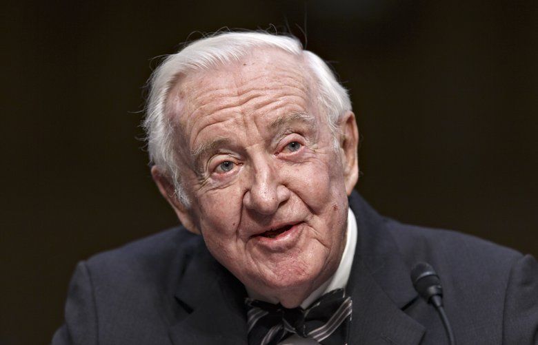 Retired Supreme Court Justice John Paul Stevens testifies on the ever-increasing amount of money spent on elections as he appears before the Senate Rules Committee on Capitol Hill in Washington, Wednesday, April 30, 2014. The panel is examining campaign finance rules which have been eased since 2010 court decisions opened the door for wealthy political action committees that can accept unlimited donations as expressions of political speech.  (AP Photo) DCSA101