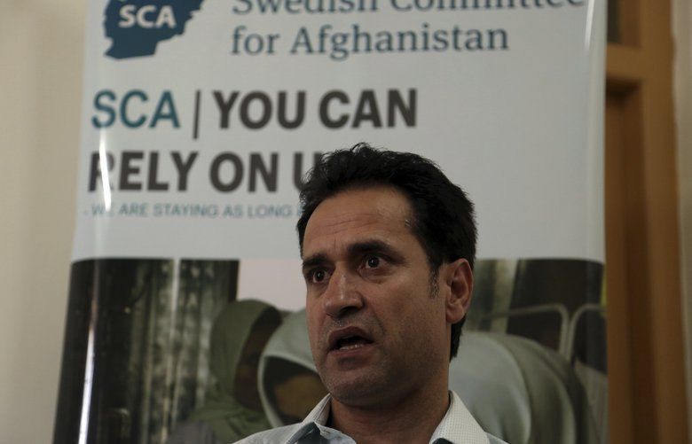 Ahmad Khalid Fahim, program director for the Swedish Committee for Afghanistan speaks during an interview with The Associated Press in Kabul, Afghanistan, Wednesday, July 17, 2019. The Swedish non-governmental organization in Afghanistan said the Taliban have forced the closure of 42 health facilities run by the non-profit group in eastern Maidan Wardan province. (AP Photo/Rahmat Gul) XRG102 XRG102