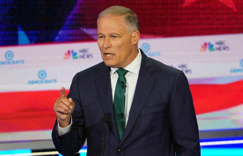 Gov. Jay Inslee of Washington delivers his closing statement during the first Democratic presidential debate in Miami on Wednesday night, June 26, 2019.  (Doug Mills/The New York Times) XNYT256 XNYT256