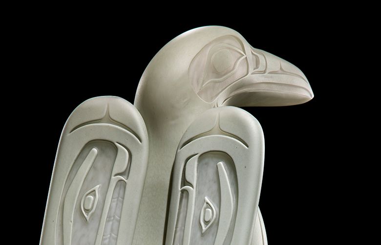 Preston Singletary (American Tlingit, born 1963)
Dleit Yéil (White Raven), 2017
Blown, hot-sculpted, and sand-carved glass; steel stand
18 1/2 x 7 x 9 in.
Courtesy of the artist