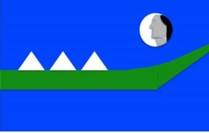 Garry Kampen used blue and green as main colors in his flag which features a canoe, white triangles and Chief Sealth’s profile in the face of a full moon. He said in an email that his version was crude but, if done right, could be a compromise between Seattle historian Fred Poyner IV, who wants to keep Chief Sealth on the flag, and Ted Kaye, the vexillonnaire who says seals do not make good design. It’s “something a child could draw,” he wrote. (Courtesy of Garry Kampen)