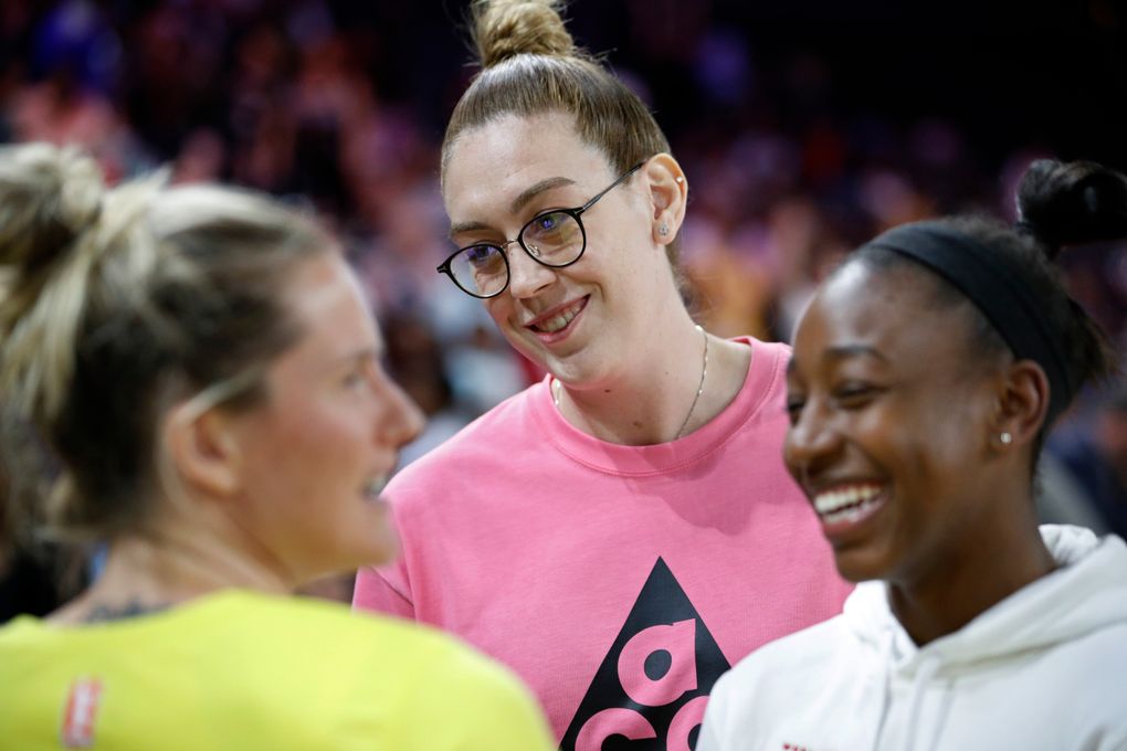 Seattle Storm’s Breanna Stewart, center, attends the WNBA All-Star festivities Friday, July 26, 2019, in Las Vegas. (John Locher / AP)