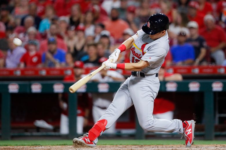 Tommy Edman of the St. Louis Cardinals up to bat against the