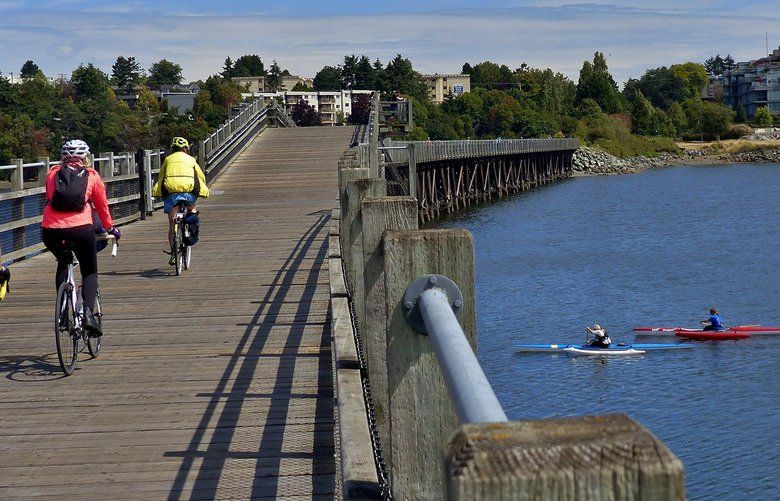 A trestle carries cyclists across Victoria’s Upper Harbour at the beginning of the Galloping Goose Trail, which connects with the Lochside Trail north of downtown. Brian J. Cantwell photo, freelance.