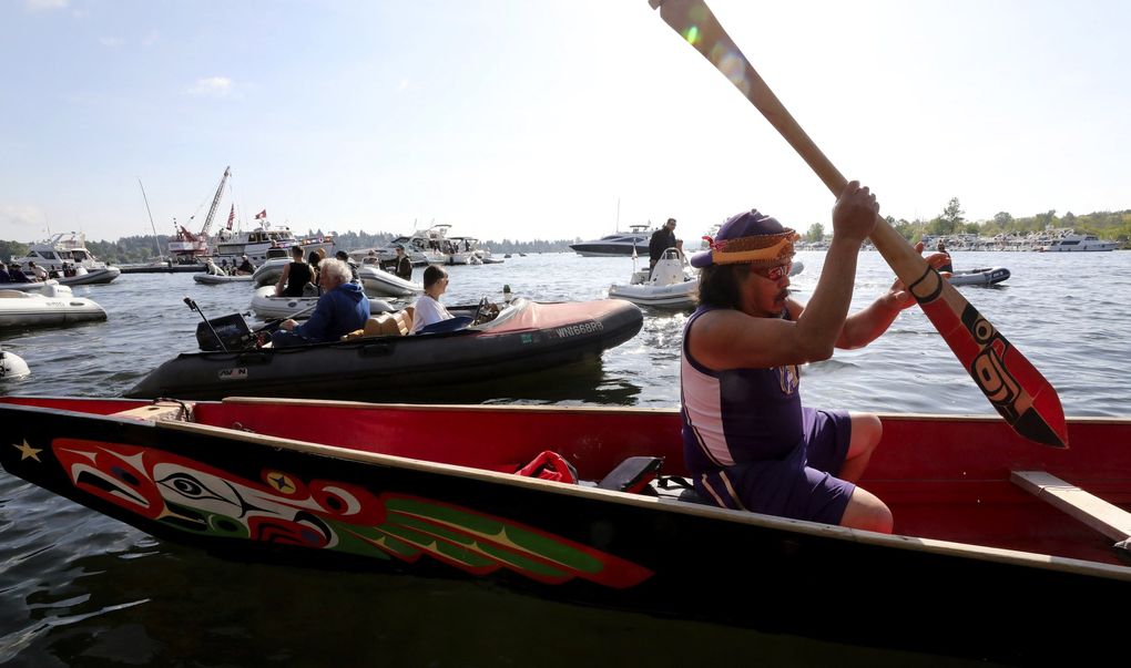 On May 4, the Opening Day of the 2019 boating season, Eric Day, Swinomish tribal member, set off in the canoe Willapa Spirit, which honors the late Emmett Oliver of the Quinault Indian Nation. Artwork on the canoe is by Marvin Oliver, son of Emmett Oliver. (Alan Berner / The Seattle Times)