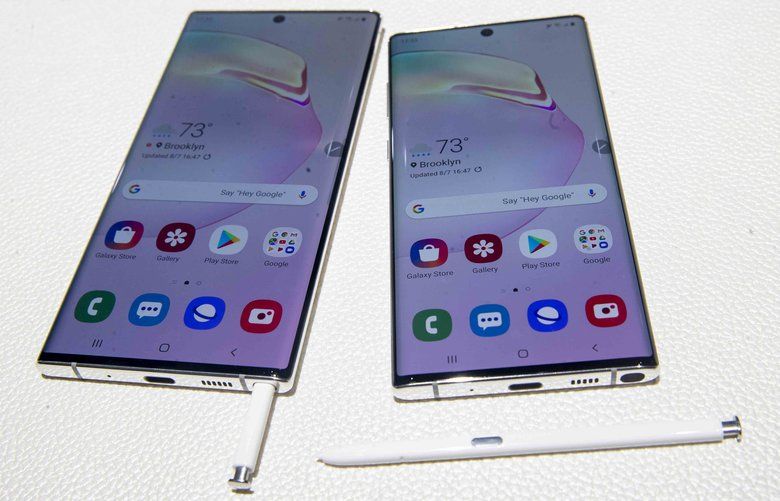 The Samsung Galaxy Note 10, right, and the Galaxy Note 10 Plus are on display during an event to launch the Samsung Galaxy Note 10, Wednesday, Aug. 7, 2019, in New York. (AP Photo/Mary Altaffer) NYMA101 NYMA101