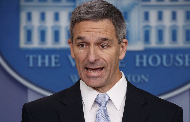 Acting Director of United States Citizenship and Immigration Services Ken Cuccinelli, speaks during a briefing at the White House, Monday, Aug. 12, 2019, in Washington. (AP Photo/Evan Vucci) WX115 WX115