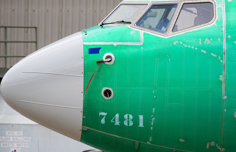 A Boeing 737 Max 8 sits behind the Boeing 737 Renton factory waiting for engines. The Angle of attack (AOA) instrument of the 737 MAX, is the bottom piece of equipment below just below the cockpit windshield. 

Photographed on March 13, 2019 209611 (Mike Siegel / The Seattle Times)