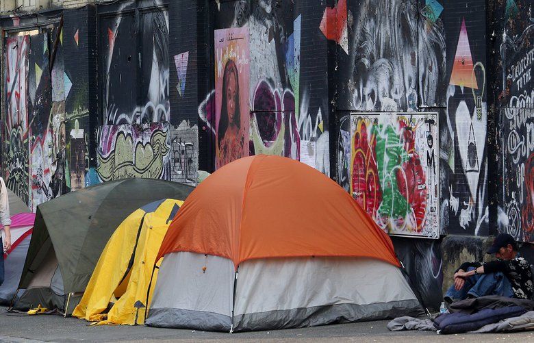 A row of tents line S. Main St. as homeless encamp on a sidewalk in the Pioneer Square neighborhood of downtown Seattle, Tuesday, August, 21, 2018. 207514 207514