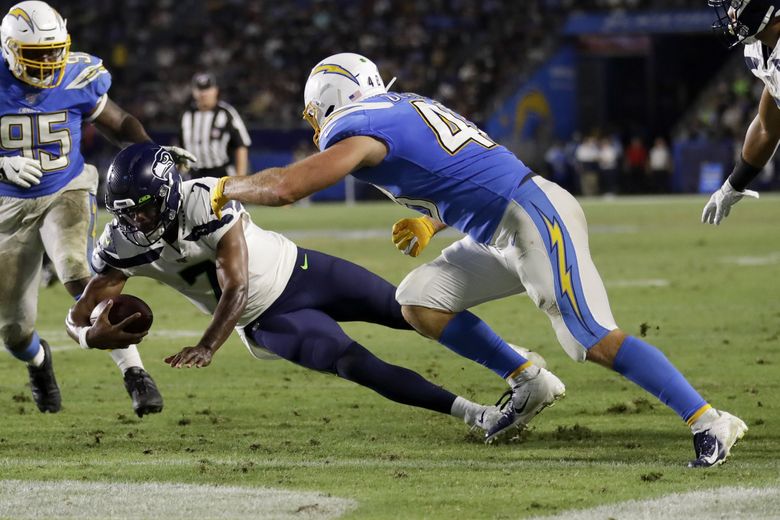 Los Angeles Chargers cornerback J.C. Jackson (27) takes his stance during  an NFL football game against the Seattle Seahawks, Sunday, Oct. 23, 2022,  in Inglewood, Calif. (AP Photo/Kyusung Gong Stock Photo - Alamy