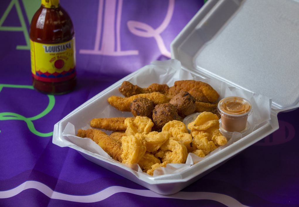 Shrimp, catfish and hush puppies are available at Altha’s Louisiana Cajun Seasoning in Kent. (Ellen M. Banner / The Seattle Times)