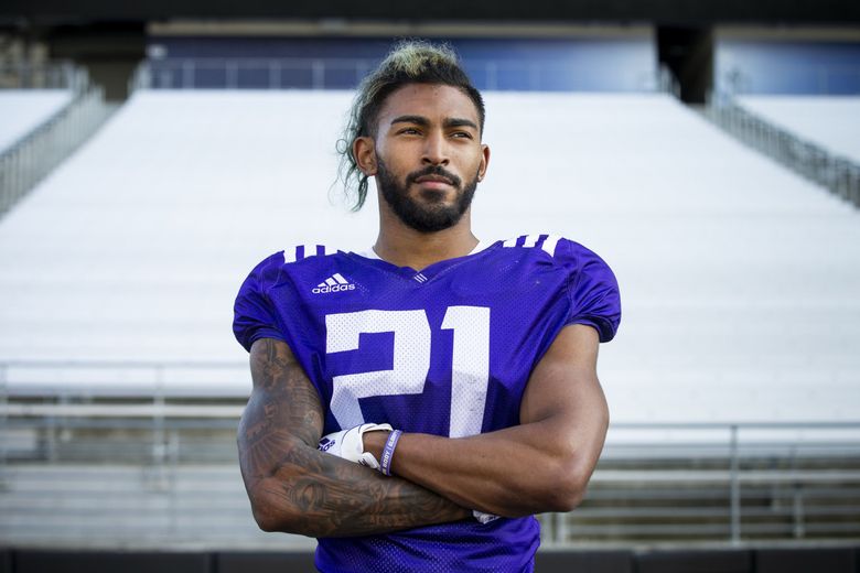 Huskies wide receiver Quinten Pounds is entering his senior year. University of Washington holds day five of football training camp at Husky Stadium Tuesday August 6, 2019. (Bettina Hansen / The Seattle Times)