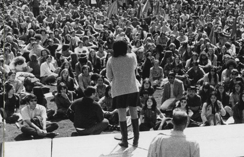 April 18, 1971:About 2,500 persons sat in a grassy area at the northeast corner of the Seattle Center yesterday for an anti-war rally after they had marched through downtown Seattle. Stephanie Coontz, an anti-war leader, stood on the speakers’ platform.“M-253 #7 Oct. 1 – 1970 to 1979 Incl.”