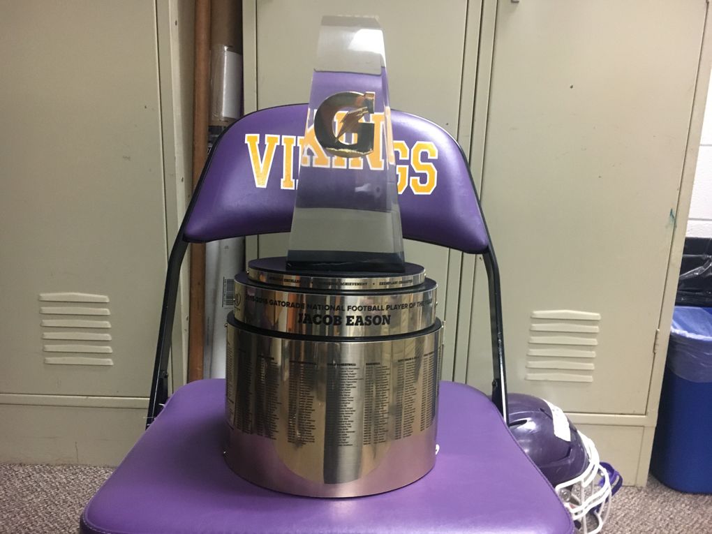 Washington quarterback Jacob Eason’s Gatorade National High School Player of the Year award currently resides inside a cardboard box in an office at Lake Stevens High School (Seattle Times photo/Mike Vorel).