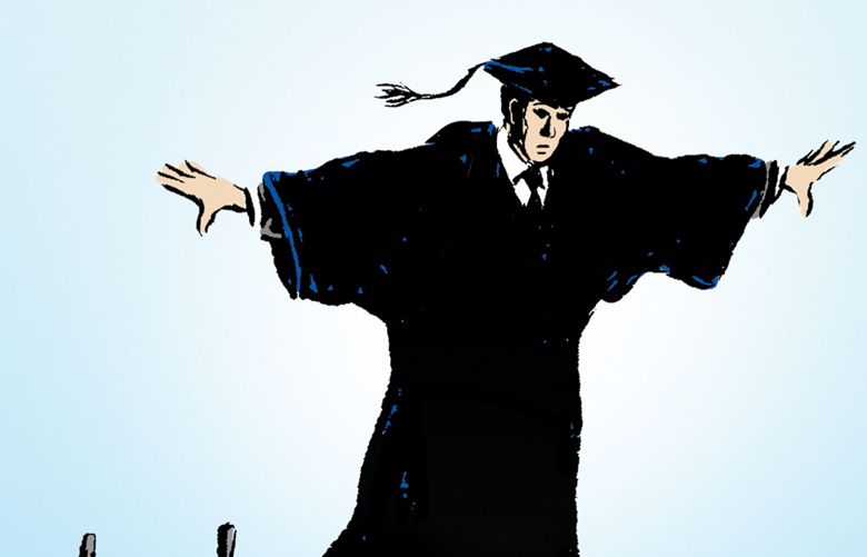 This artwork by M. Ryder relates to the uncertain future many college graduates face.