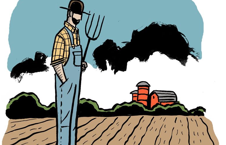 This artwork by Mark Weber refers to Donald Trump's farm bailout as a solution to his imposed tariffs.