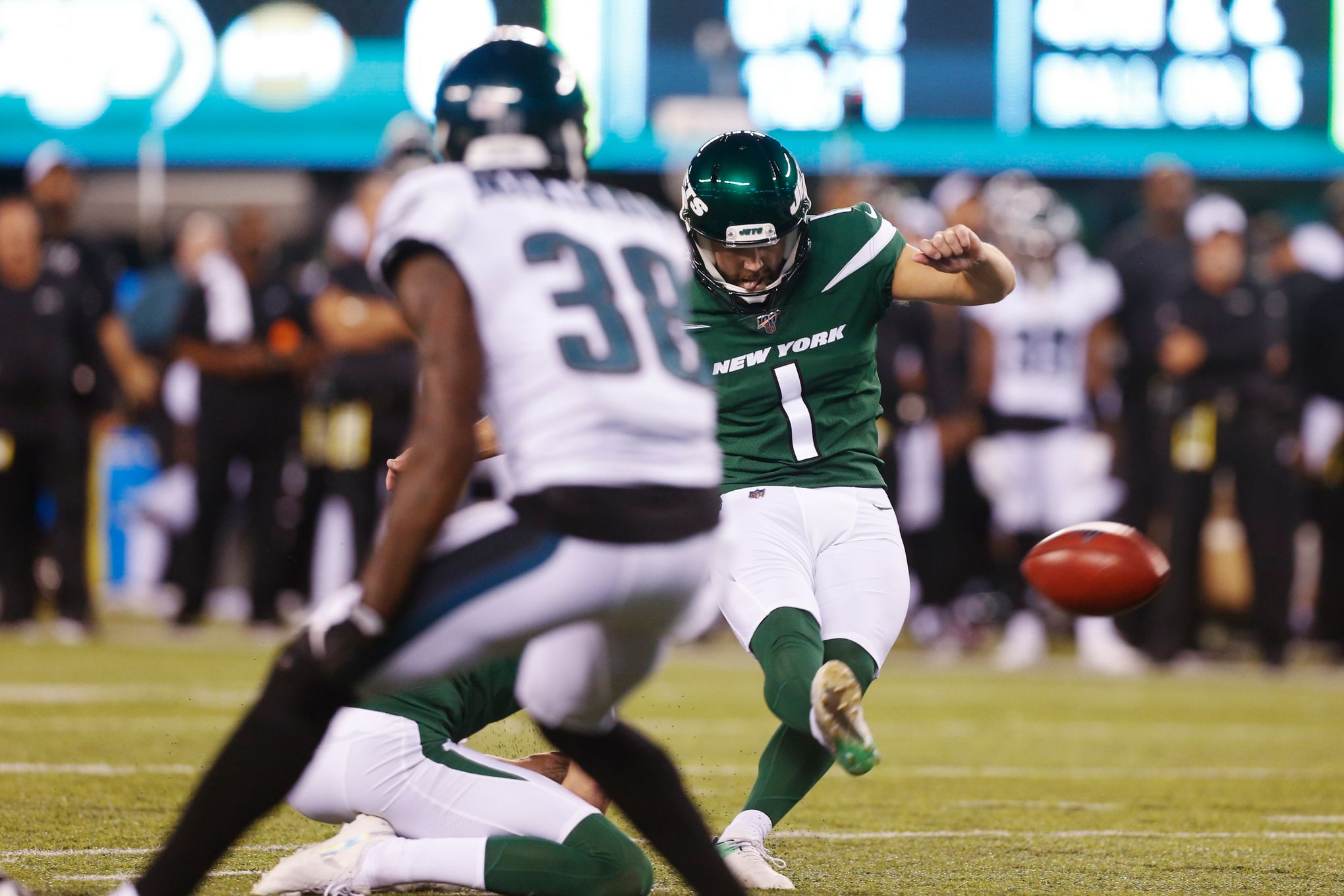 Philadelphia Eagles quarterback Clayton Thorson (8) throws a pass during  the second half of a preseason NFL football game against the New York Jets  Thursday, Aug. 29, 2019, in East Rutherford, N.J. (