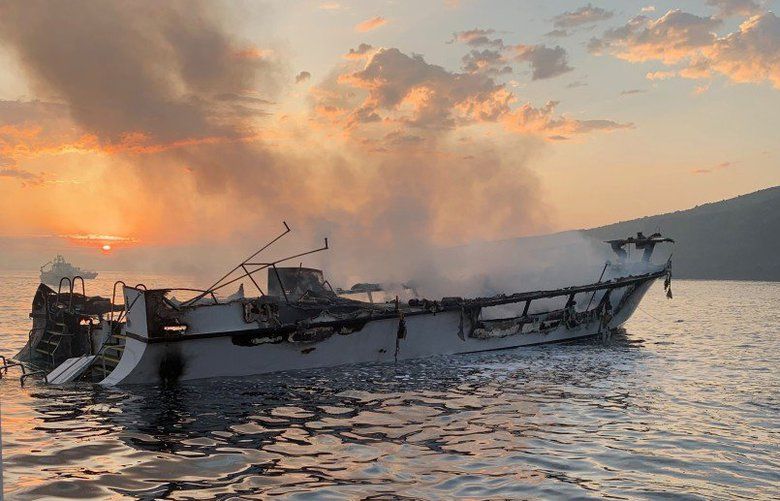 n this photo provided by the Ventura County Fire Department, VCFD firefighters respond to a boat fire off the coast of southern California, Monday, Sept. 2, 2019. The U.S. Coast Guard said it has launched several boats to help over two dozen people “in distress” off the coast of southern California. (Santa Barbara County Fire Department) 
